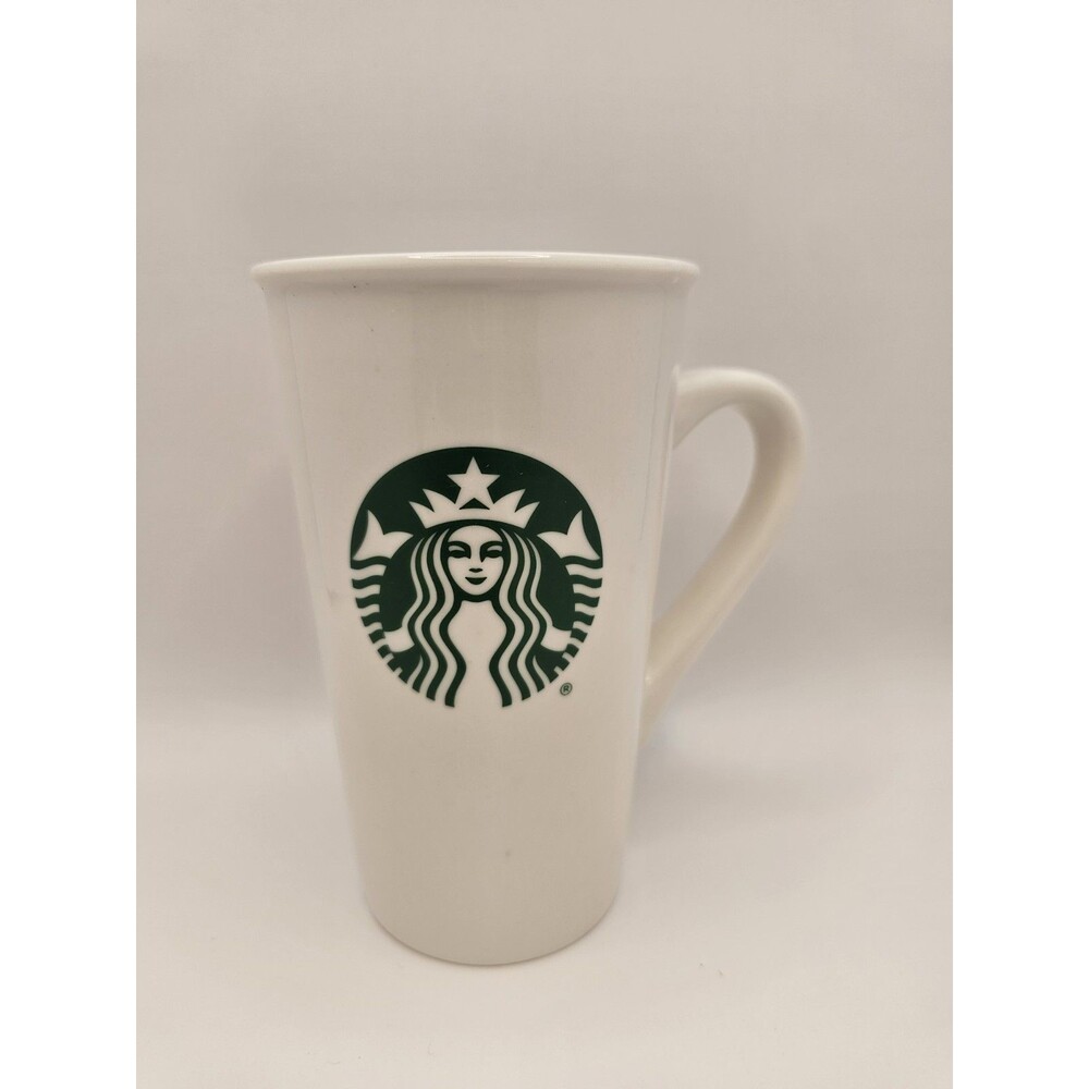 STARBUCKS TALL WHITE CERAMIC COFFEE MUG Mermaid Green Logo 16 oz 2019